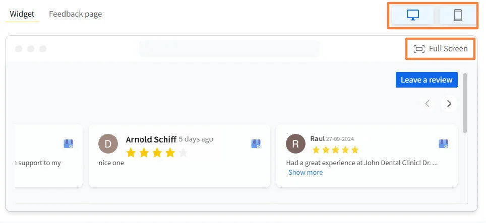 Select the widget preview in mobile, desktop, or full-screen mode.