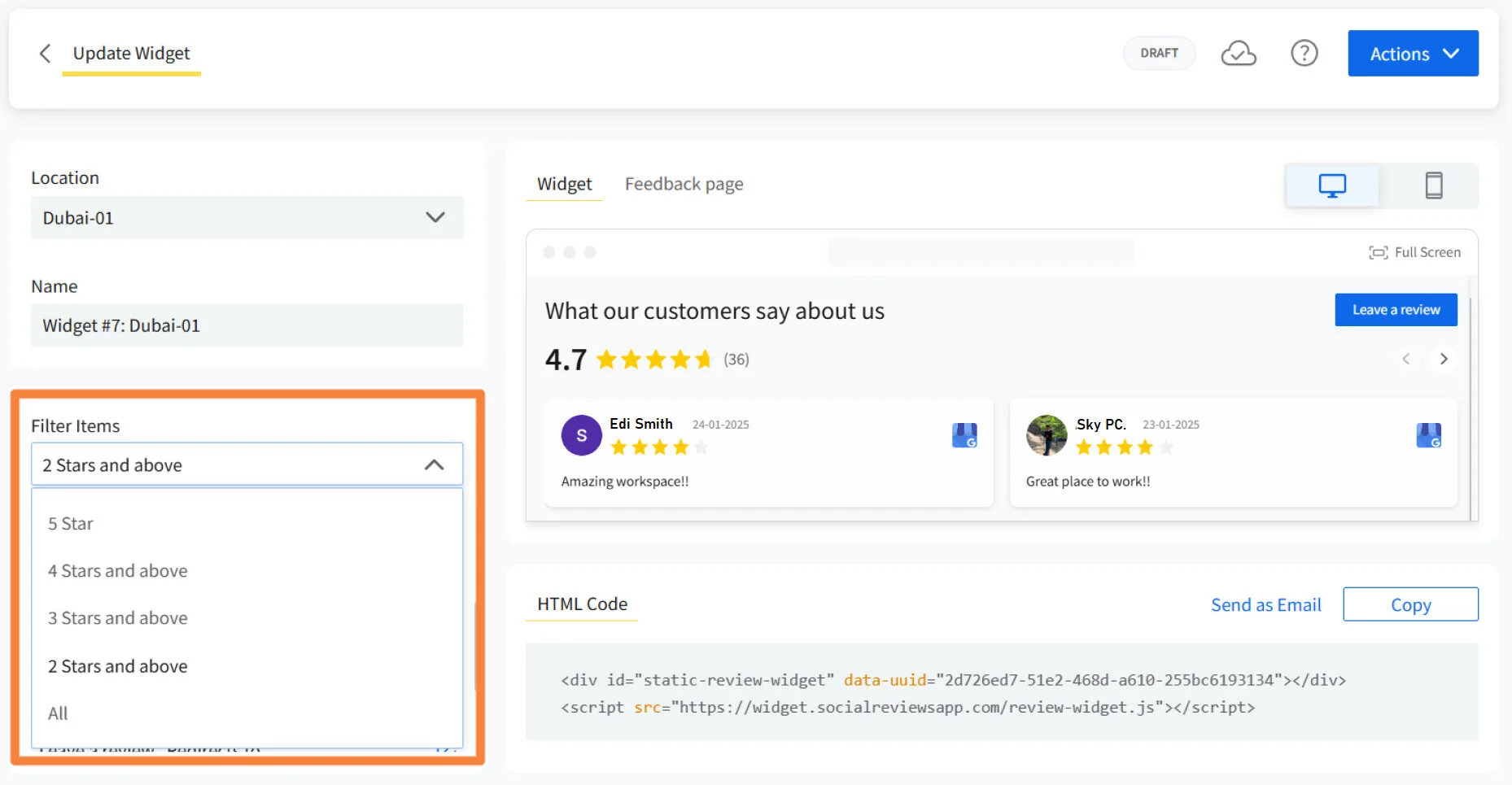 Set the reviews you want to curate and showcase