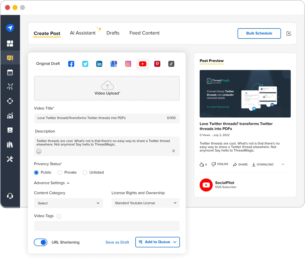 SocialPilot's YouTube post composer SocialPilot's YouTube post composer