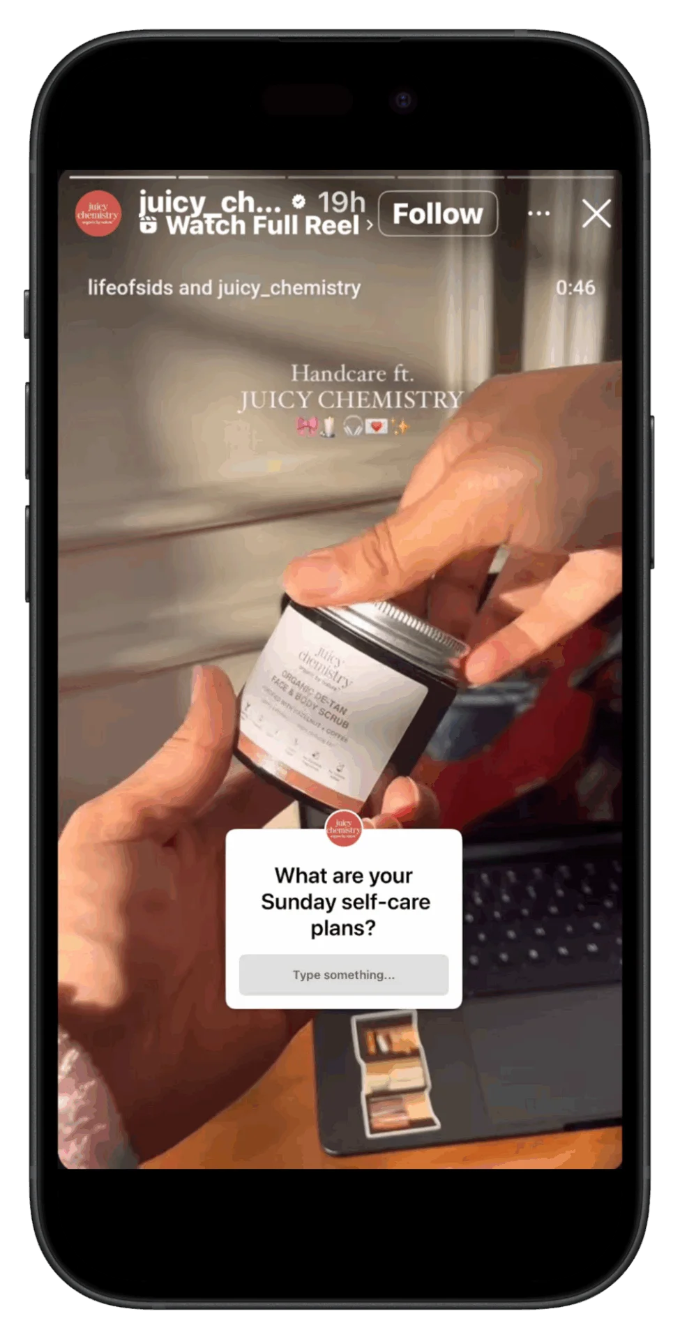 Example of an Instagram Story resharing a collaborative reel with another account, @lifeofsids, to promote hand care products