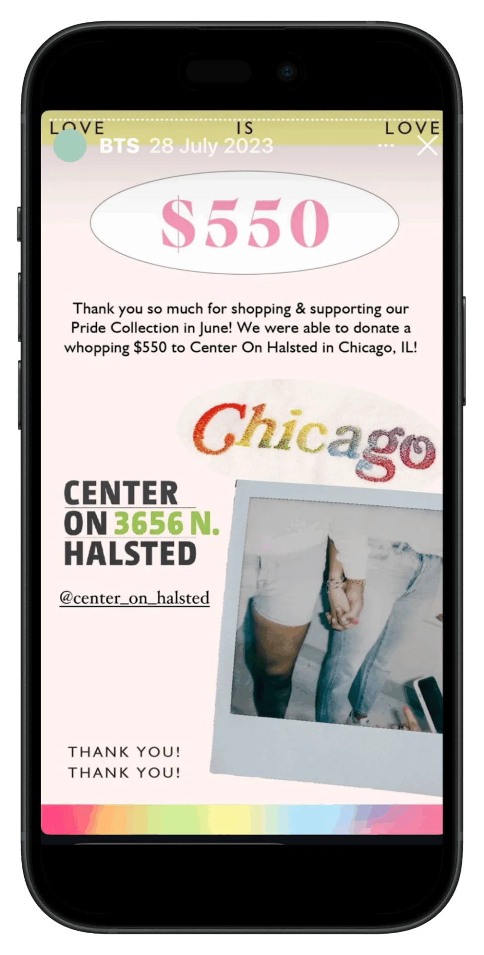 Example of an Instagram Story announcing a charitable donation from a Pride collection, highlighting brand values and community support