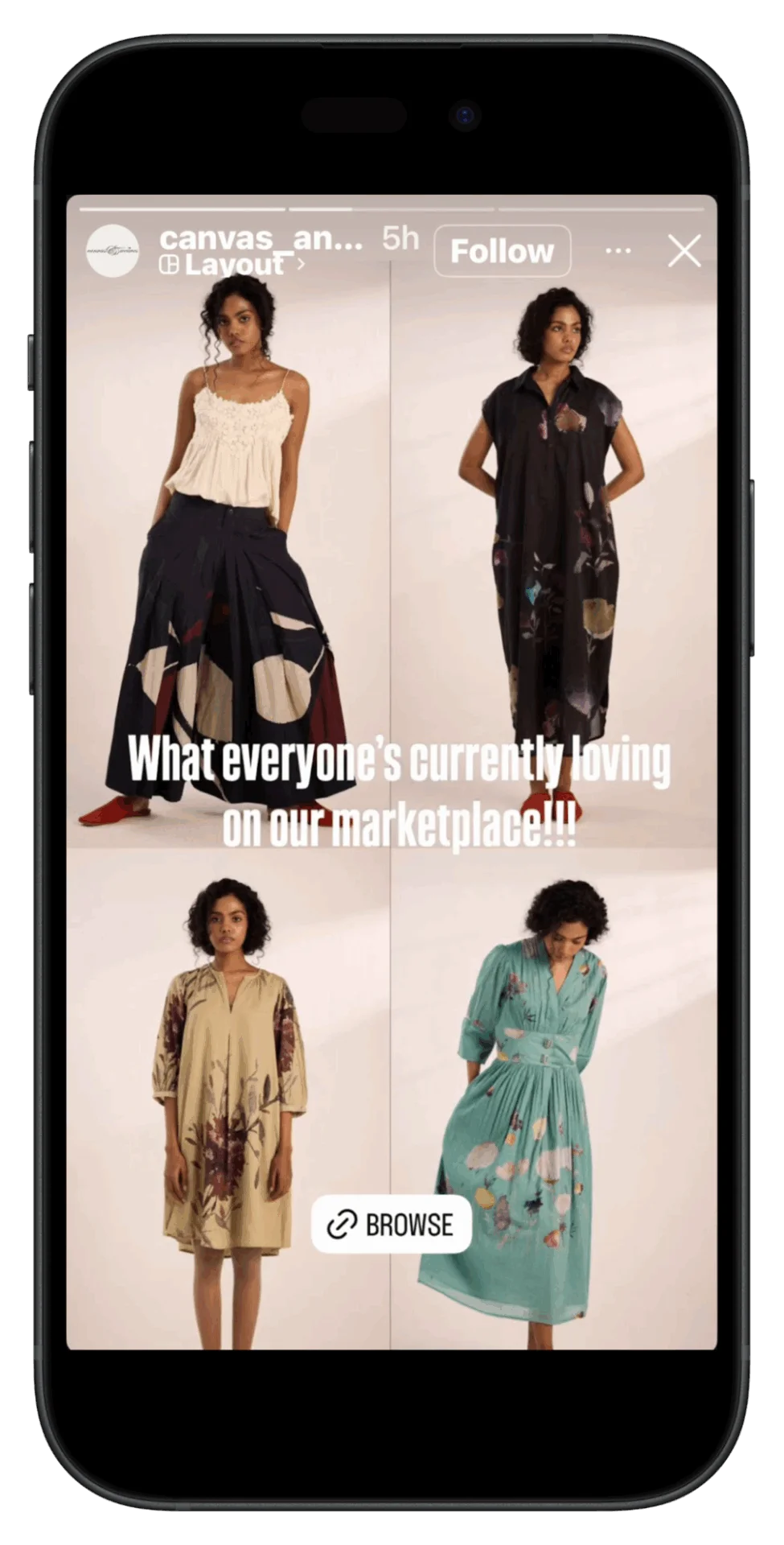 Example of an Instagram Story showcasing popular products from a marketplace with a call-to-action to Browse