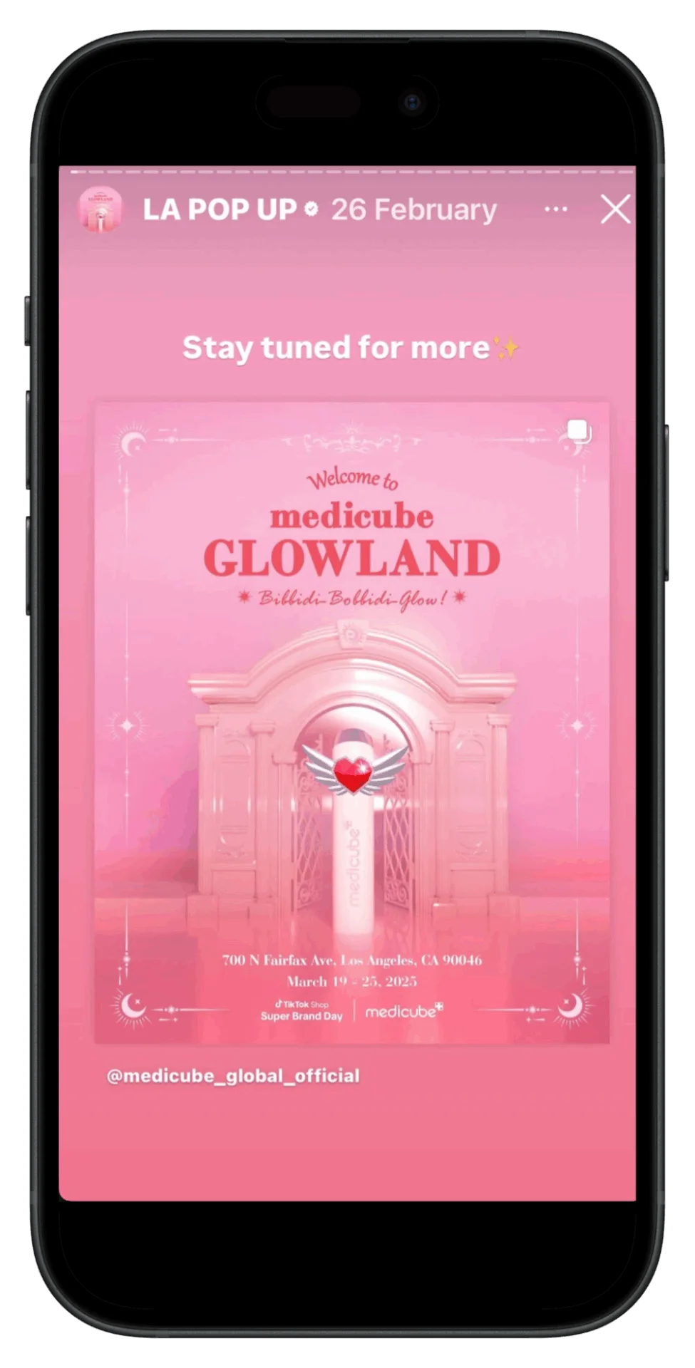 Example of an Instagram Story announcing the details of a pop-up event, including location and dates, for Medicube Glowland