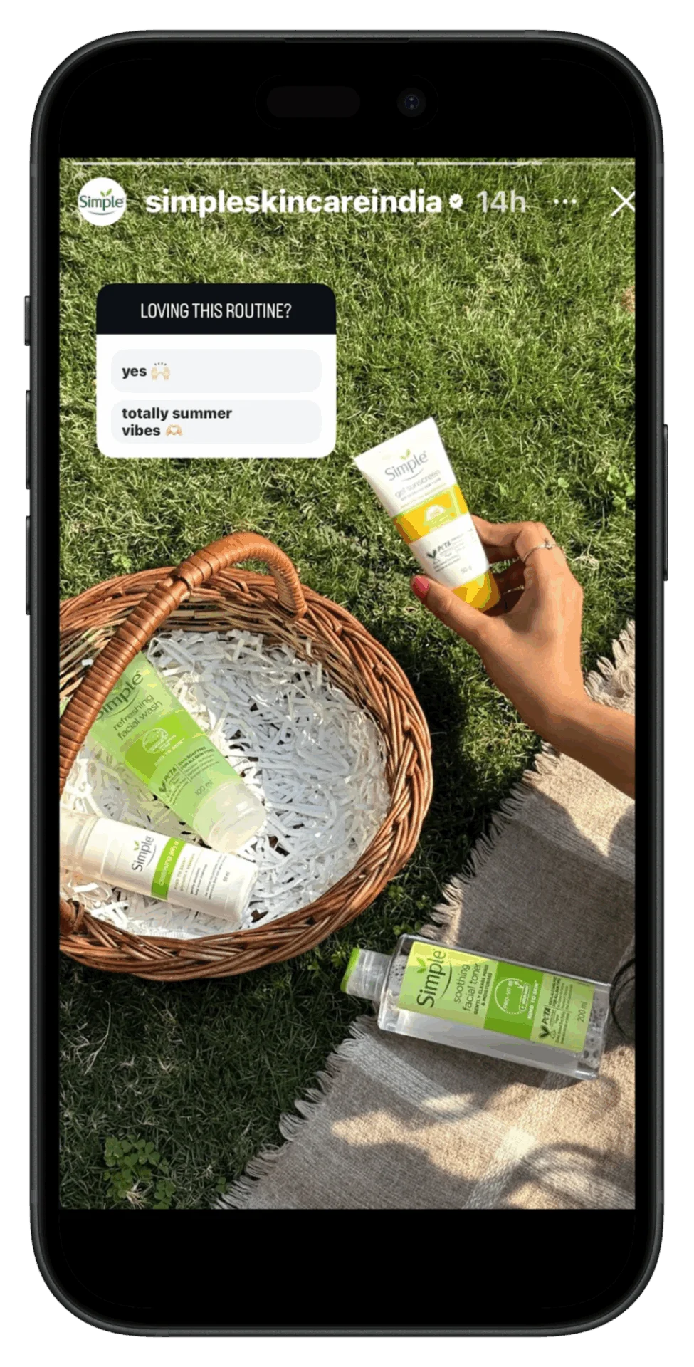 Example of a simple Instagram Story poll from Simple Skincare asking followers Loving this routine? to increase engagement