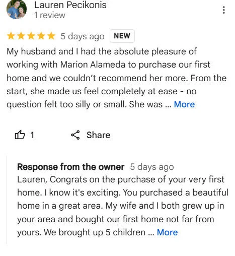 Google review example showing a personalized agent response