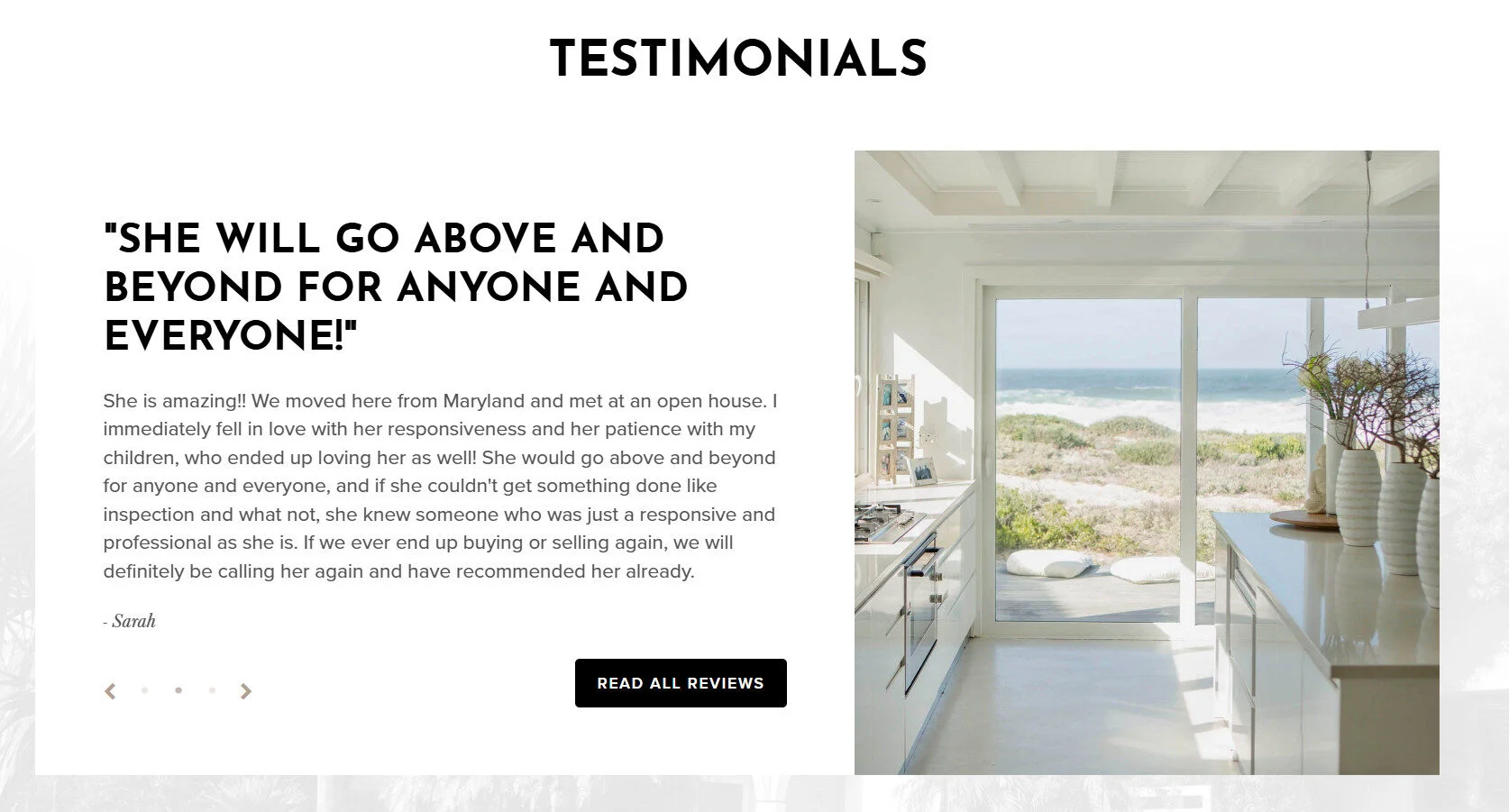 Homepage review slider showing 5-star client testimonial for a real estate team