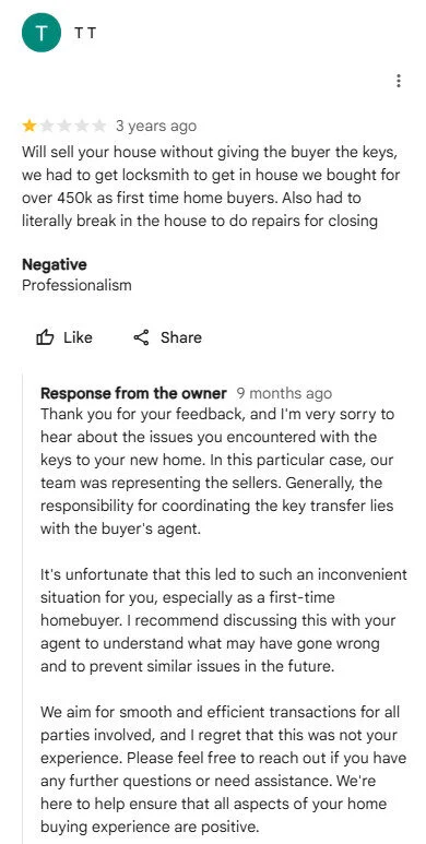 Review response acknowledging concerns and offering a polite apology