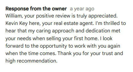 Review response inviting the client to reach out again for future real estate needs